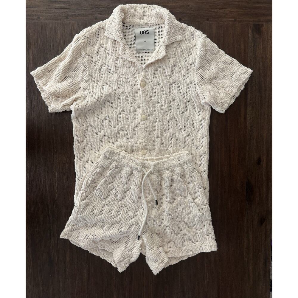 OAS Atlas Cuba Crochet Shirt Shorts Set XS Cream Resort Cabana Beach Camp Unisex - Picture 3 of 13